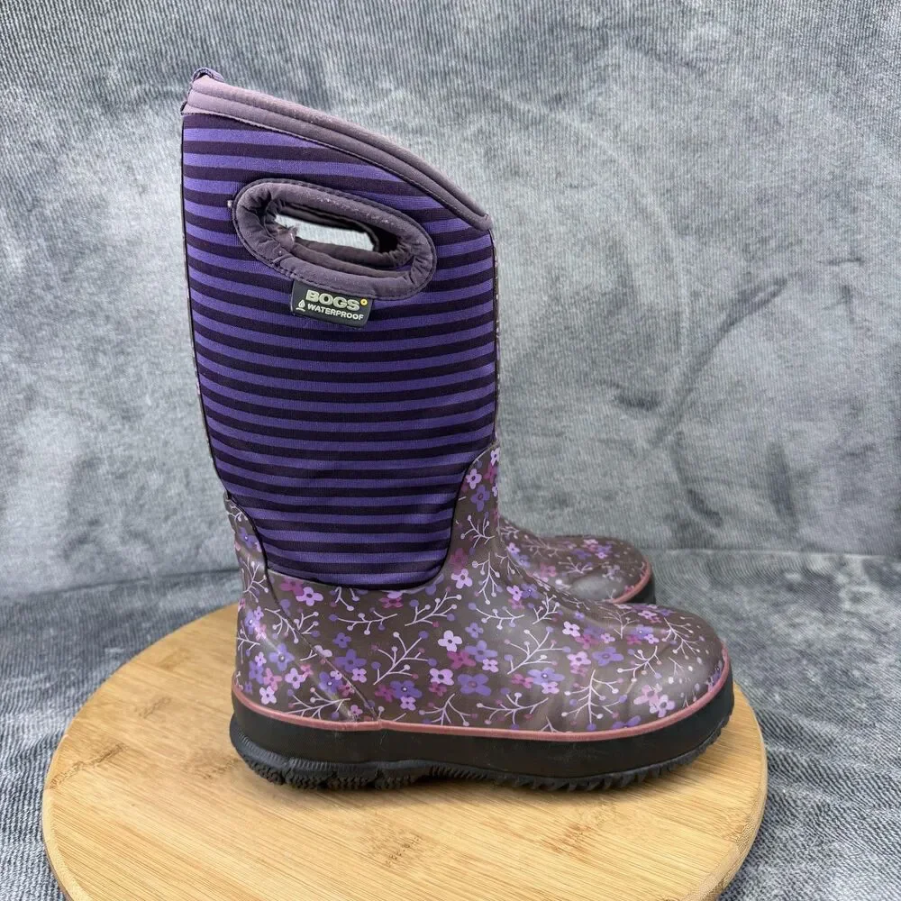 Bogs Boots Girls Size 2 Purple Floral Classic Waterproof Winter Snow 71560-540